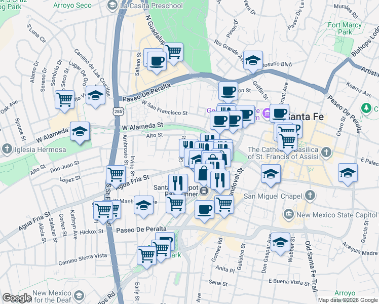 map of restaurants, bars, coffee shops, grocery stores, and more near 543 Agua Fria Street in Santa Fe