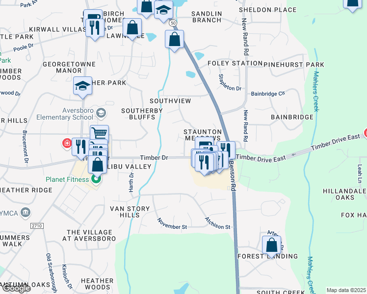 map of restaurants, bars, coffee shops, grocery stores, and more near 237 Nicholson Road in Garner