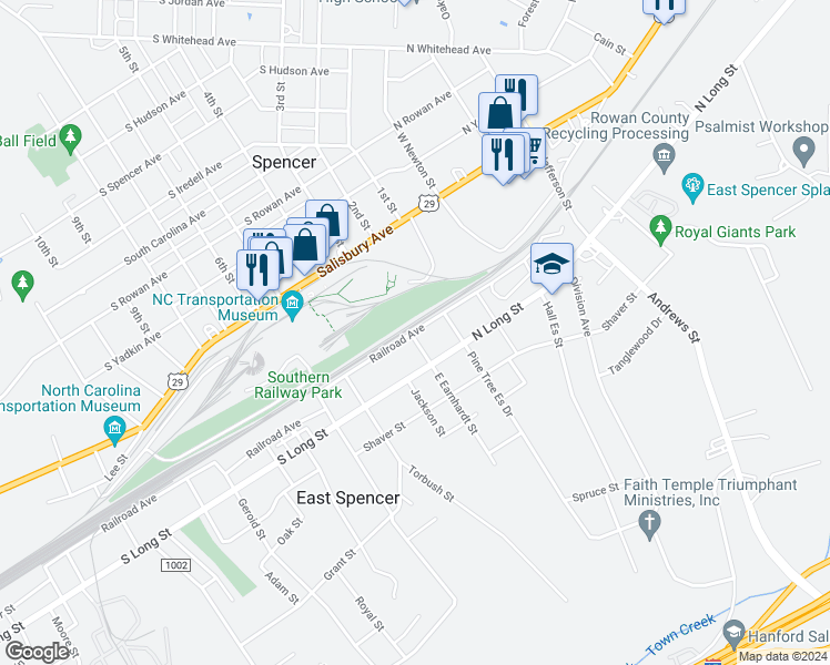 map of restaurants, bars, coffee shops, grocery stores, and more near 300 Railroad Avenue in Salisbury