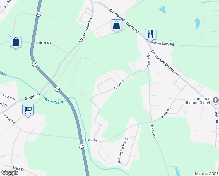 map of restaurants, bars, coffee shops, grocery stores, and more near 1951 Crown Drive in Conover