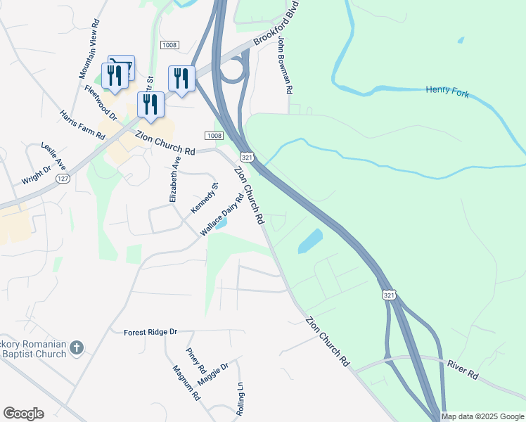 map of restaurants, bars, coffee shops, grocery stores, and more near 4768 Braxton Gate Lane in Hickory