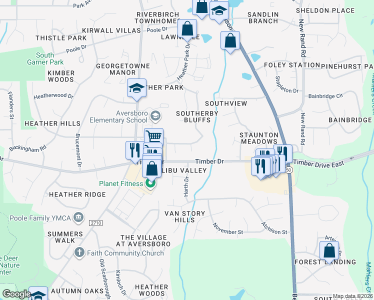map of restaurants, bars, coffee shops, grocery stores, and more near 603 Hobson Wood Court in Garner