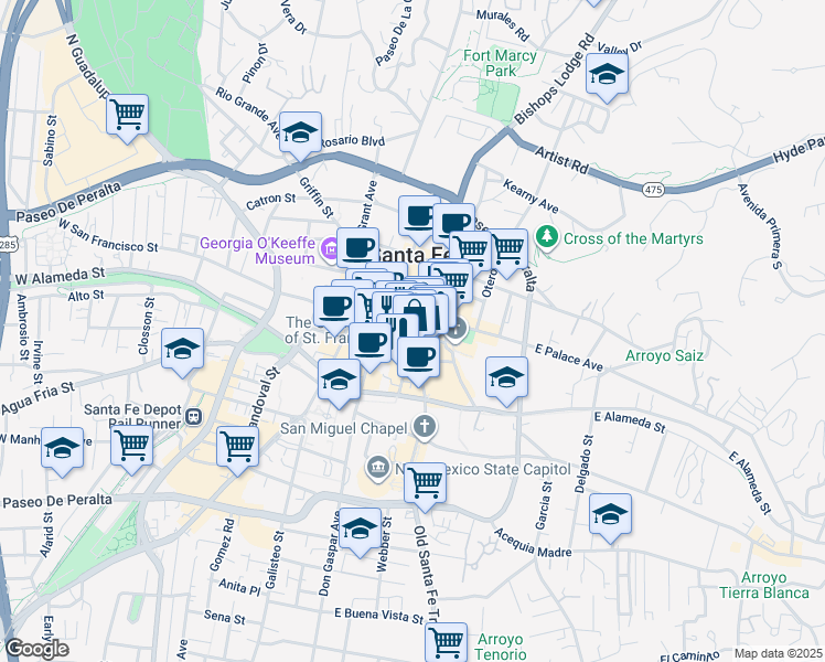 map of restaurants, bars, coffee shops, grocery stores, and more near East San Francisco Street in Santa Fe