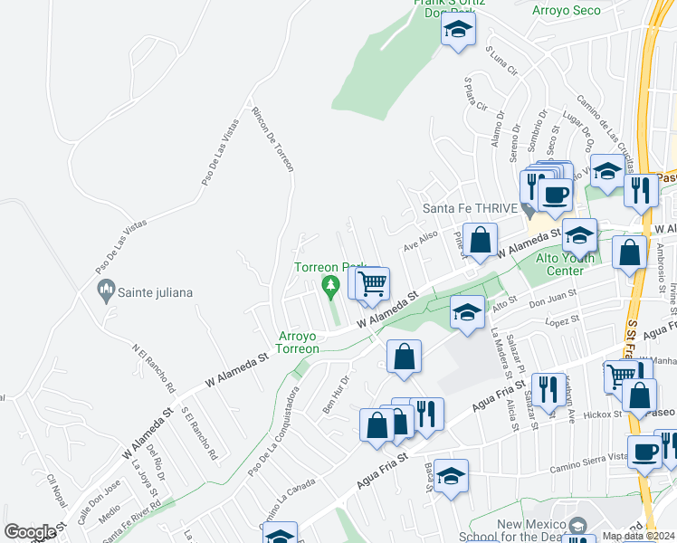 map of restaurants, bars, coffee shops, grocery stores, and more near 127 Huddleson Street in Santa Fe