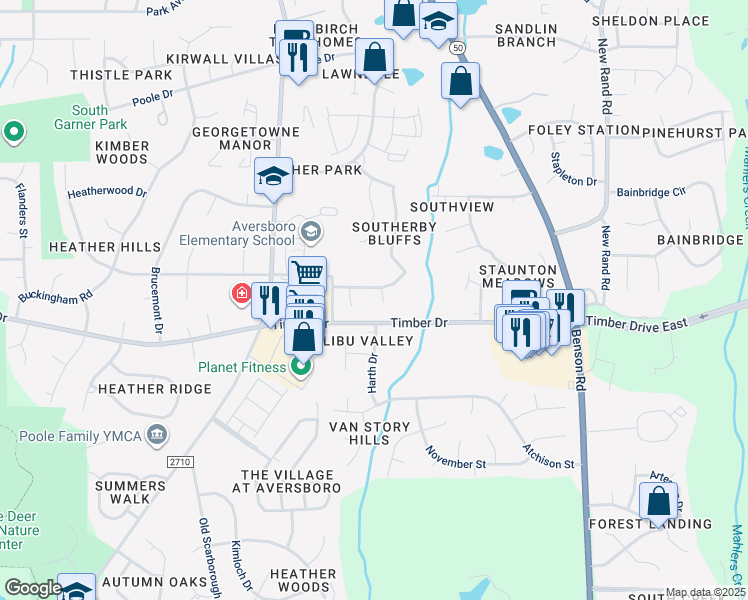 map of restaurants, bars, coffee shops, grocery stores, and more near 603 Hobson Wood Court in Garner
