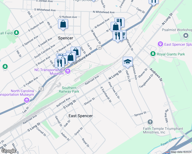map of restaurants, bars, coffee shops, grocery stores, and more near 414 Railroad Avenue in Spencer