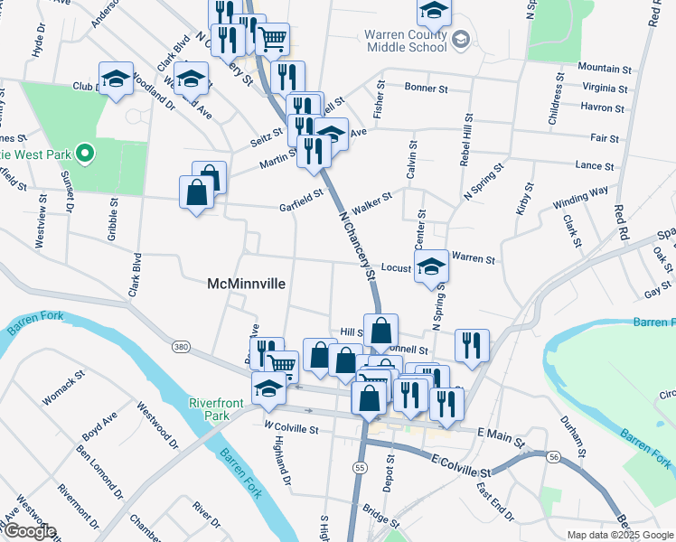 map of restaurants, bars, coffee shops, grocery stores, and more near 224 Hill Street in McMinnville