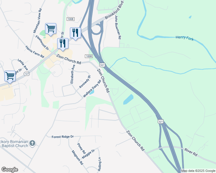 map of restaurants, bars, coffee shops, grocery stores, and more near 4768 Braxton Gate Lane in Hickory
