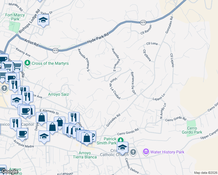 map of restaurants, bars, coffee shops, grocery stores, and more near 852 Vista Catedral in Santa Fe