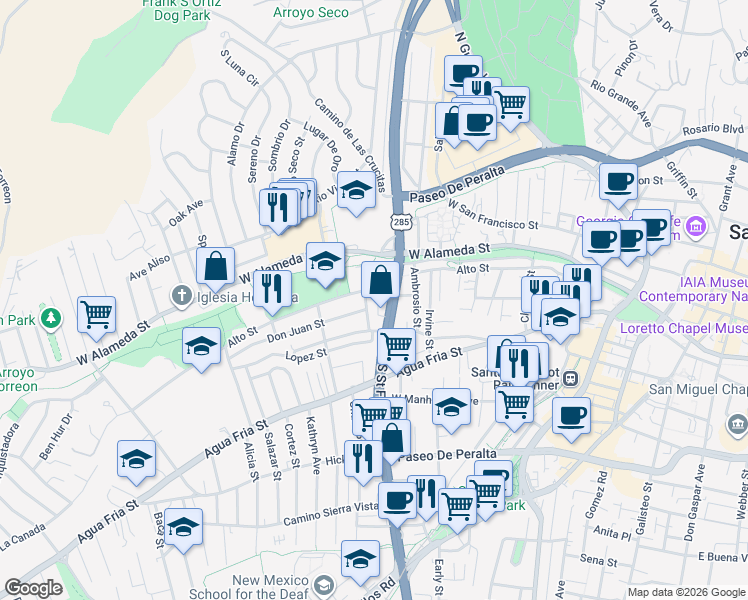 map of restaurants, bars, coffee shops, grocery stores, and more near in Santa Fe