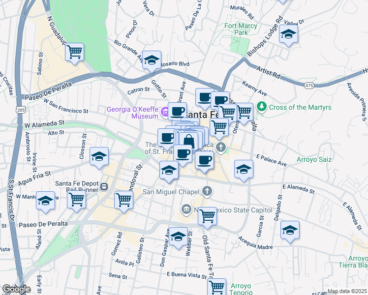 map of restaurants, bars, coffee shops, grocery stores, and more near 80 East San Francisco Street in Santa Fe