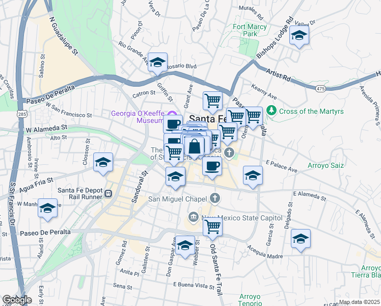 map of restaurants, bars, coffee shops, grocery stores, and more near 108 East Marcy Street in Santa Fe