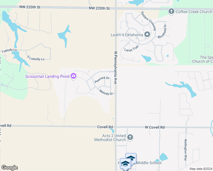 map of restaurants, bars, coffee shops, grocery stores, and more near 2175 Melody Drive in Edmond