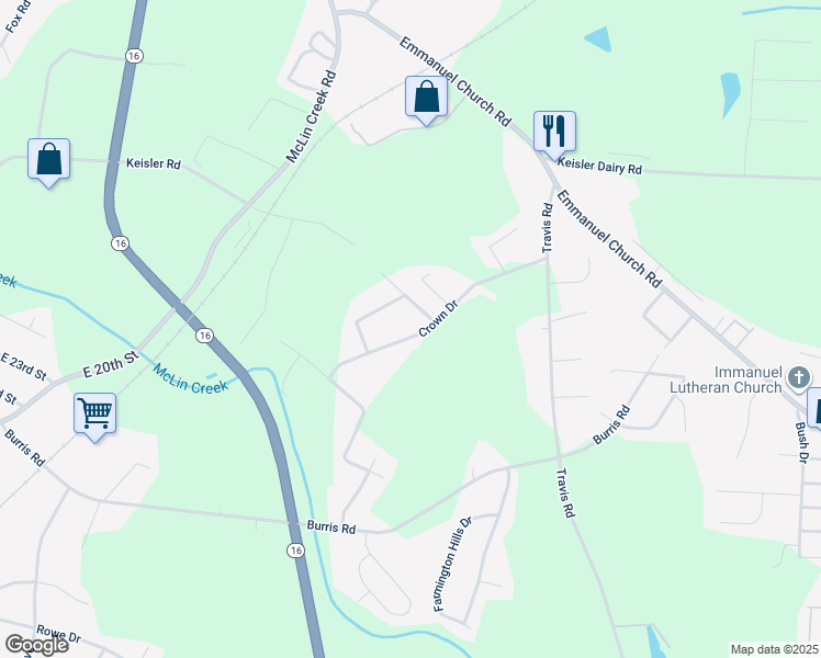 map of restaurants, bars, coffee shops, grocery stores, and more near 1951 Crown Drive in Conover