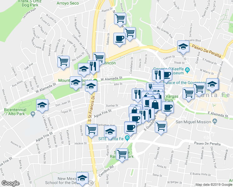 map of restaurants, bars, coffee shops, grocery stores, and more near 224 Maynard Street in Santa Fe