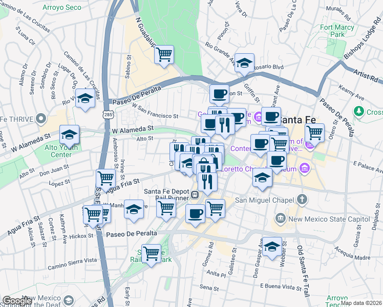 map of restaurants, bars, coffee shops, grocery stores, and more near 506 Agua Fria Street in Santa Fe