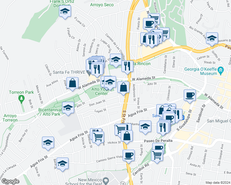 map of restaurants, bars, coffee shops, grocery stores, and more near 916 Alto Street in Santa Fe