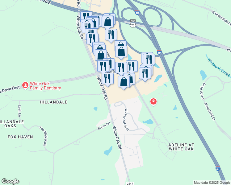 map of restaurants, bars, coffee shops, grocery stores, and more near 1040 Timber Drive East in Garner