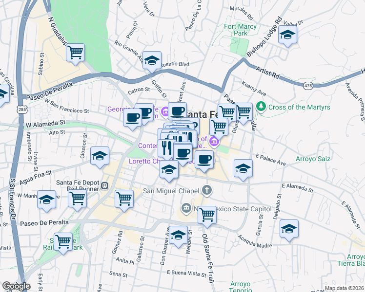 map of restaurants, bars, coffee shops, grocery stores, and more near 130 West Water Street in Santa Fe