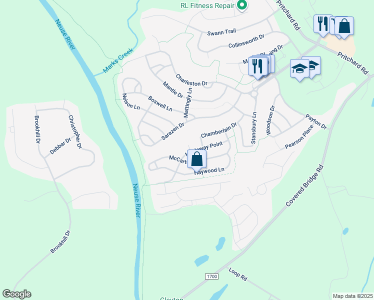 map of restaurants, bars, coffee shops, grocery stores, and more near 225 Hardaway Point in Clayton