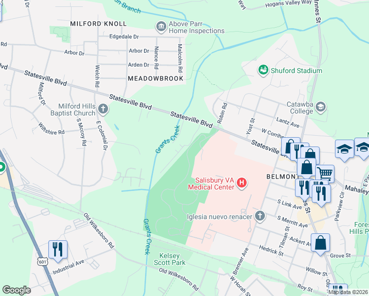 map of restaurants, bars, coffee shops, grocery stores, and more near 641 Statesville Boulevard in Salisbury