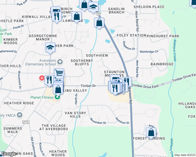 map of restaurants, bars, coffee shops, grocery stores, and more near 101 Nicholson Road in Garner