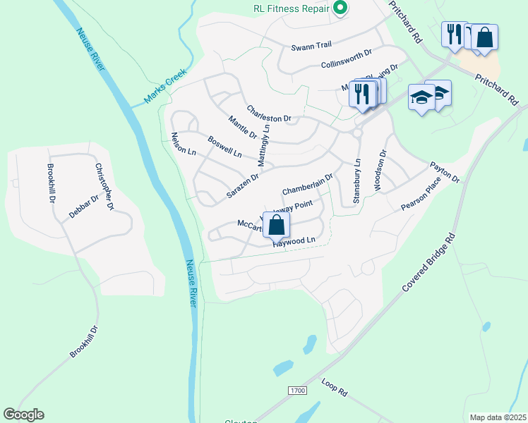 map of restaurants, bars, coffee shops, grocery stores, and more near 225 Hardaway Point in Clayton