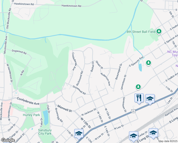 map of restaurants, bars, coffee shops, grocery stores, and more near 301 Bethel Drive in Salisbury