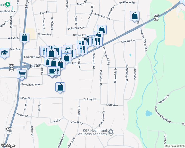 map of restaurants, bars, coffee shops, grocery stores, and more near 619 Hemlock Drive in Asheboro