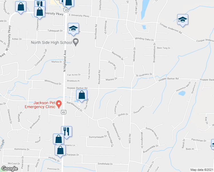 map of restaurants, bars, coffee shops, grocery stores, and more near 159 Hopper Barker Road in Jackson