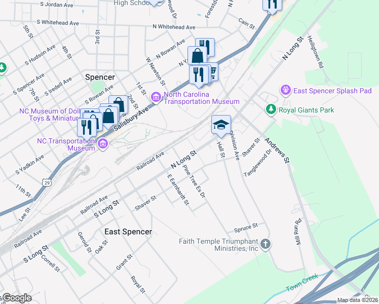 map of restaurants, bars, coffee shops, grocery stores, and more near 523 North Long Street in Salisbury