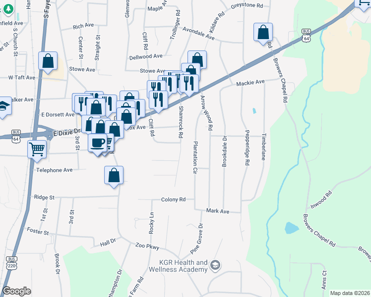map of restaurants, bars, coffee shops, grocery stores, and more near 1419 Shamrock Road in Asheboro