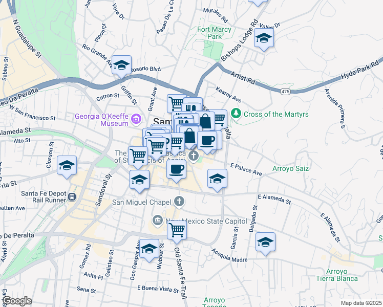 map of restaurants, bars, coffee shops, grocery stores, and more near Sena Plaza in Santa Fe