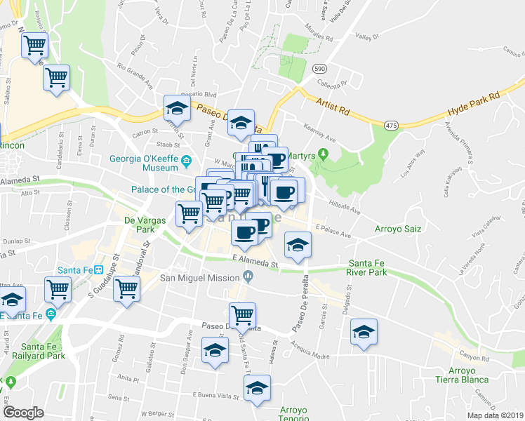 map of restaurants, bars, coffee shops, grocery stores, and more near Sena Plaza in Santa Fe