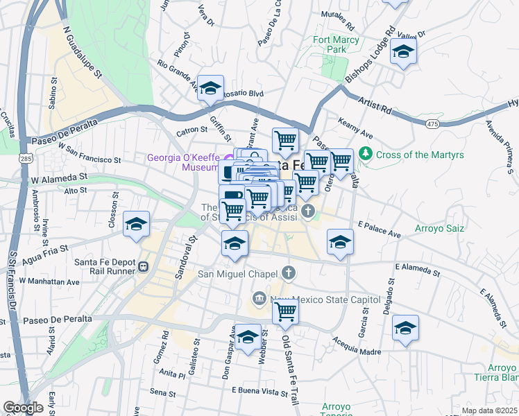 map of restaurants, bars, coffee shops, grocery stores, and more near 21 East San Francisco Street in Santa Fe