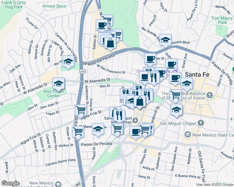 map of restaurants, bars, coffee shops, grocery stores, and more near 624 Alto Street in Santa Fe