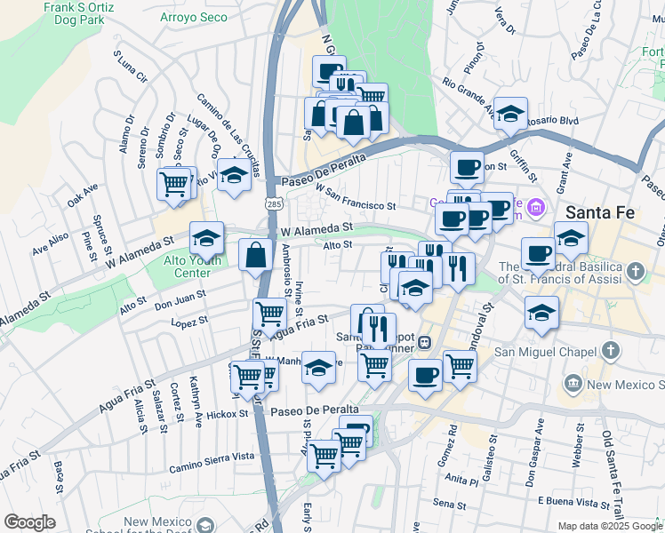 map of restaurants, bars, coffee shops, grocery stores, and more near 204 Maynard Street in Santa Fe