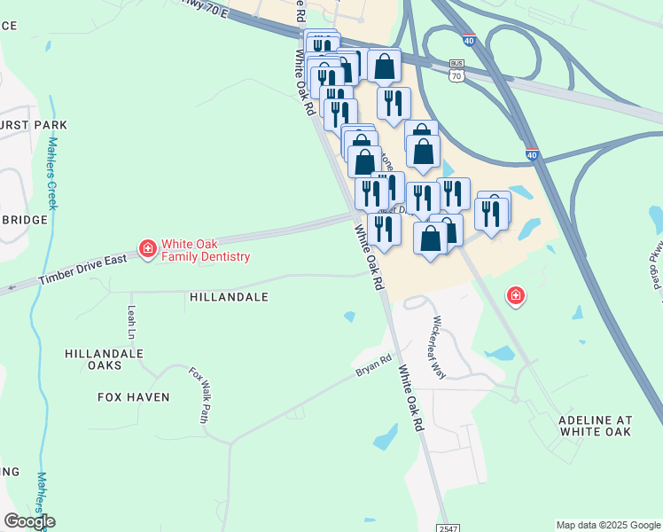 map of restaurants, bars, coffee shops, grocery stores, and more near 725 Hillandale Lane in Garner