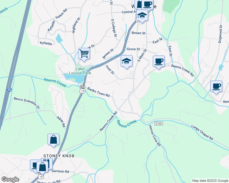 map of restaurants, bars, coffee shops, grocery stores, and more near 107 Elk Lane in Weaverville