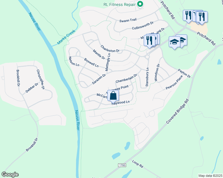 map of restaurants, bars, coffee shops, grocery stores, and more near 217 Hardaway Point in Clayton