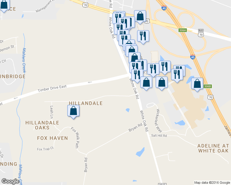 map of restaurants, bars, coffee shops, grocery stores, and more near 725 Hillandale Lane in Garner