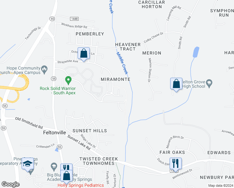 map of restaurants, bars, coffee shops, grocery stores, and more near 221 Presenteer Trail in Apex