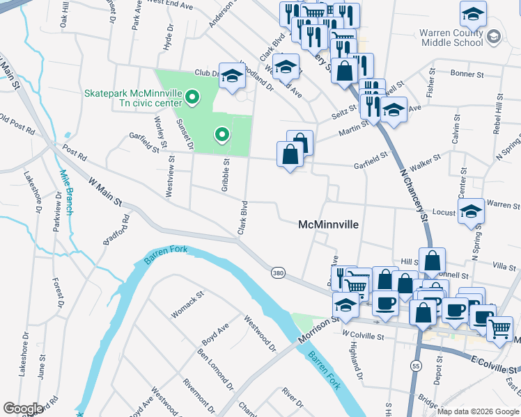 map of restaurants, bars, coffee shops, grocery stores, and more near 509 Clark Boulevard in McMinnville