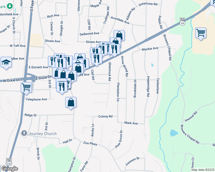 map of restaurants, bars, coffee shops, grocery stores, and more near 640 Hemlock Drive in Asheboro