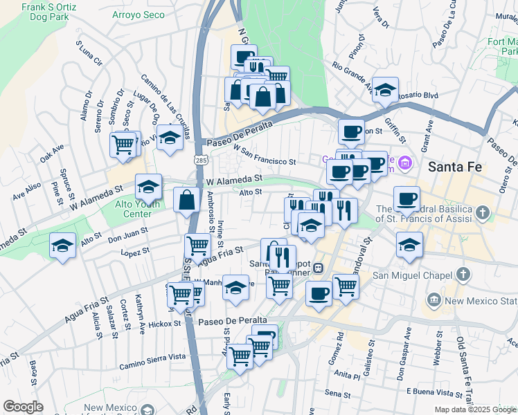 map of restaurants, bars, coffee shops, grocery stores, and more near 204 Maynard Street in Santa Fe