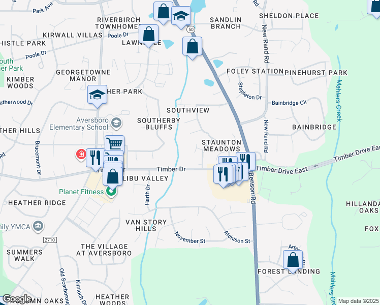 map of restaurants, bars, coffee shops, grocery stores, and more near 113 Stefi Court in Garner