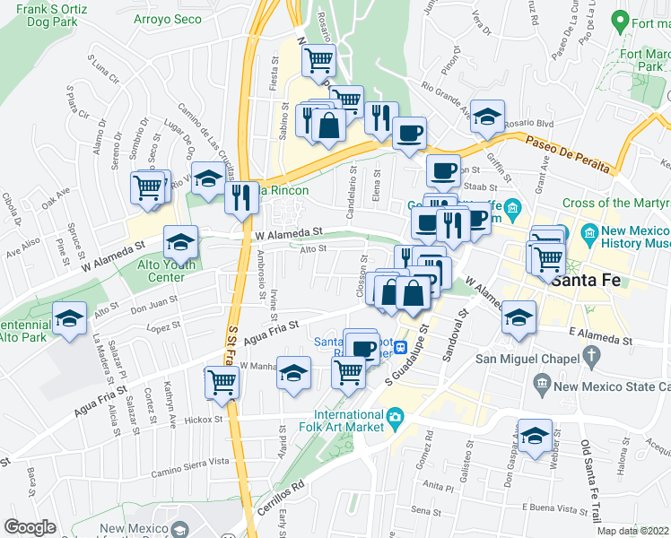 map of restaurants, bars, coffee shops, grocery stores, and more near 624 Alto Street in Santa Fe