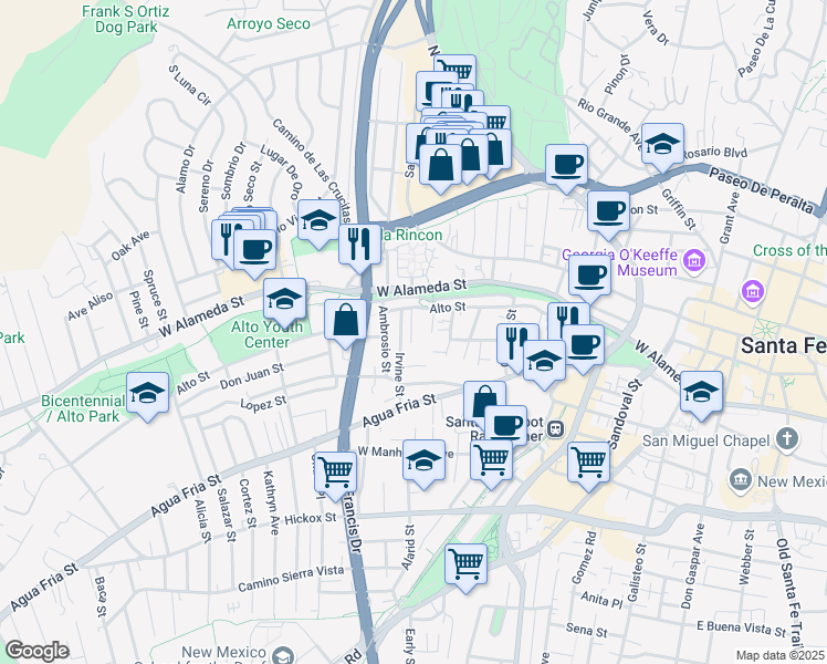 map of restaurants, bars, coffee shops, grocery stores, and more near 205 Irvine Street in Santa Fe