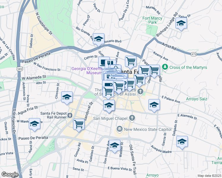 map of restaurants, bars, coffee shops, grocery stores, and more near 31 Burro Alley in Santa Fe