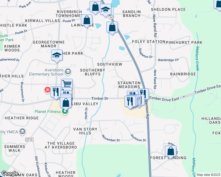 map of restaurants, bars, coffee shops, grocery stores, and more near 113 Stefi Court in Garner